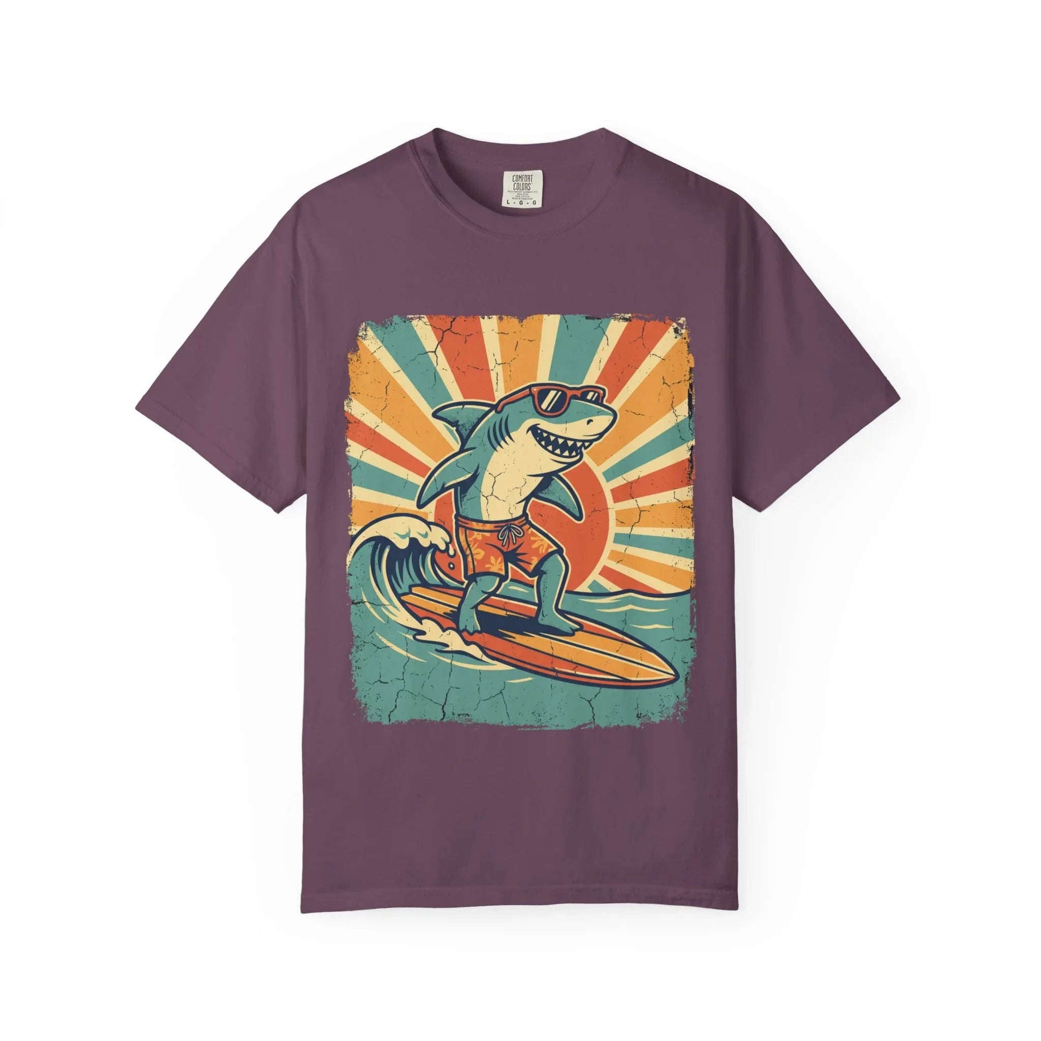 Surfing Shark Shirt, Retro Sunset Wave Tee, Funny Shark Surf T-Shirt, Beach Summer Graphic, Surfer Gift, Ocean Vacation Outfit Berry M