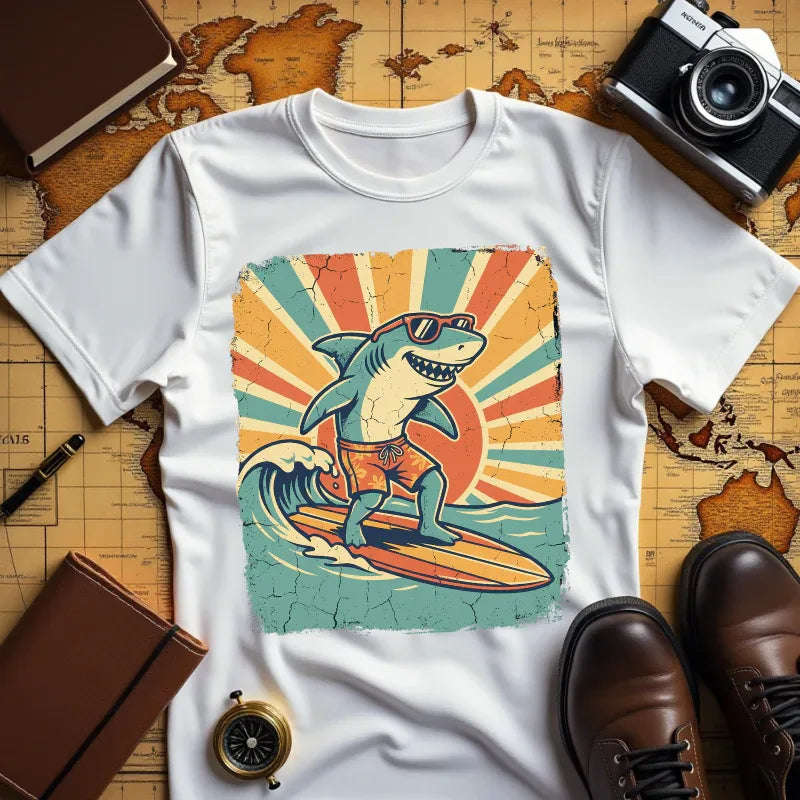 Surfing Shark Shirt, Retro Sunset Wave Tee, Funny Shark Surf T-Shirt, Beach Summer Graphic, Surfer Gift, Ocean Vacation Outfit White