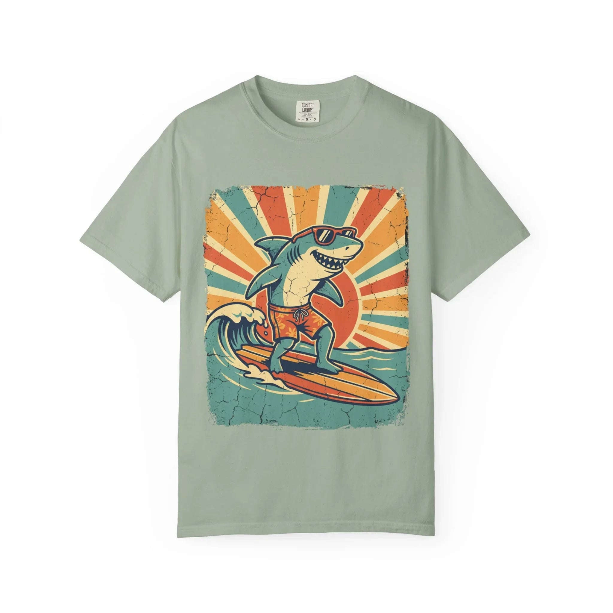 Surfing Shark Shirt, Retro Sunset Wave Tee, Funny Shark Surf T-Shirt, Beach Summer Graphic, Surfer Gift, Ocean Vacation Outfit Bay