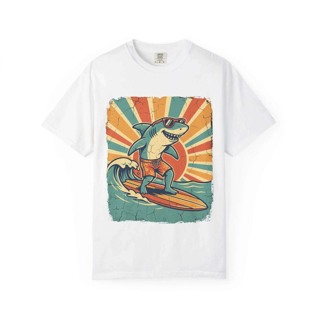 Surfing Shark Shirt, Retro Sunset Wave Tee, Funny Shark Surf T-Shirt, Beach Summer Graphic, Surfer Gift, Ocean Vacation Outfit