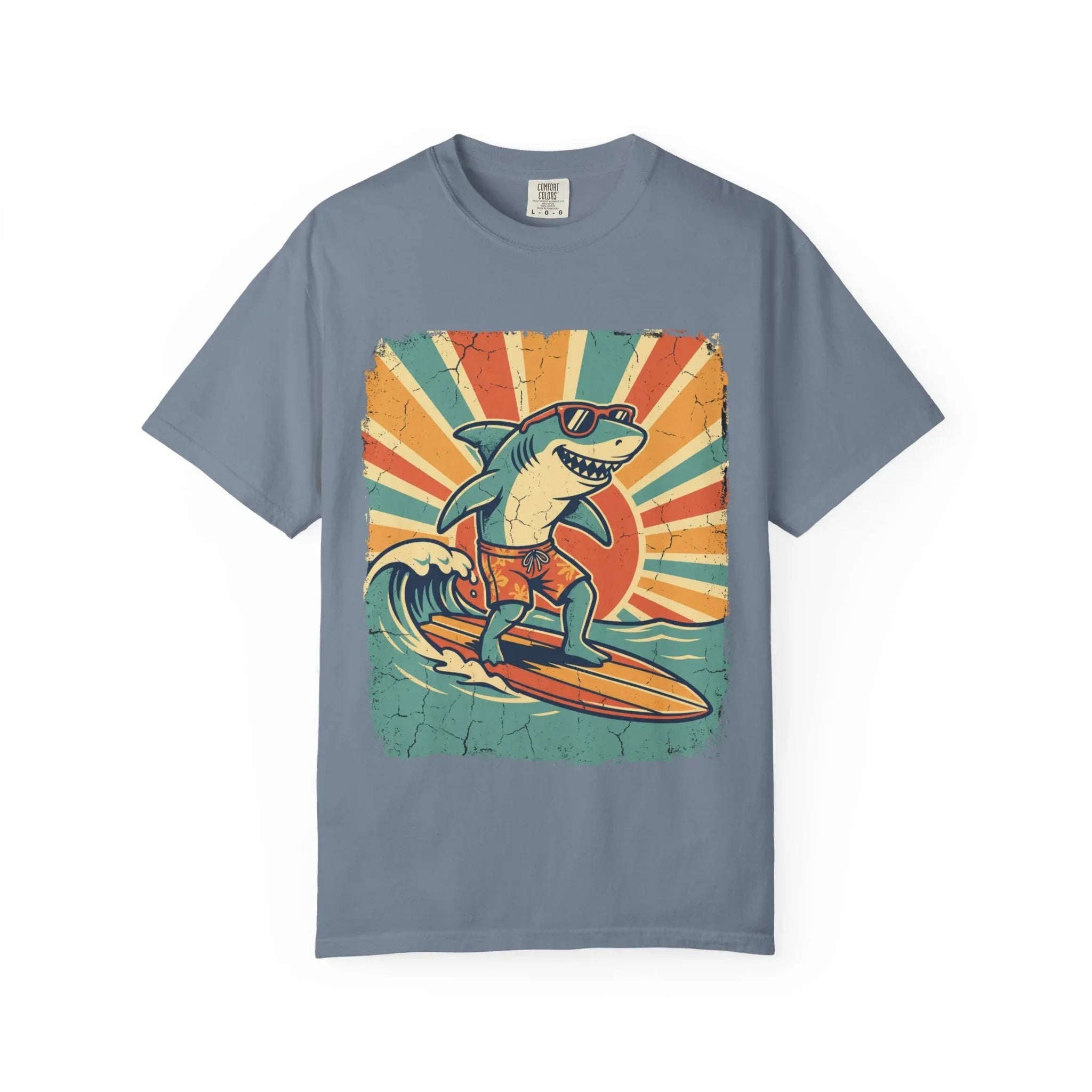 Surfing Shark Shirt, Retro Sunset Wave Tee, Funny Shark Surf T-Shirt, Beach Summer Graphic, Surfer Gift, Ocean Vacation Outfit Blue Jean