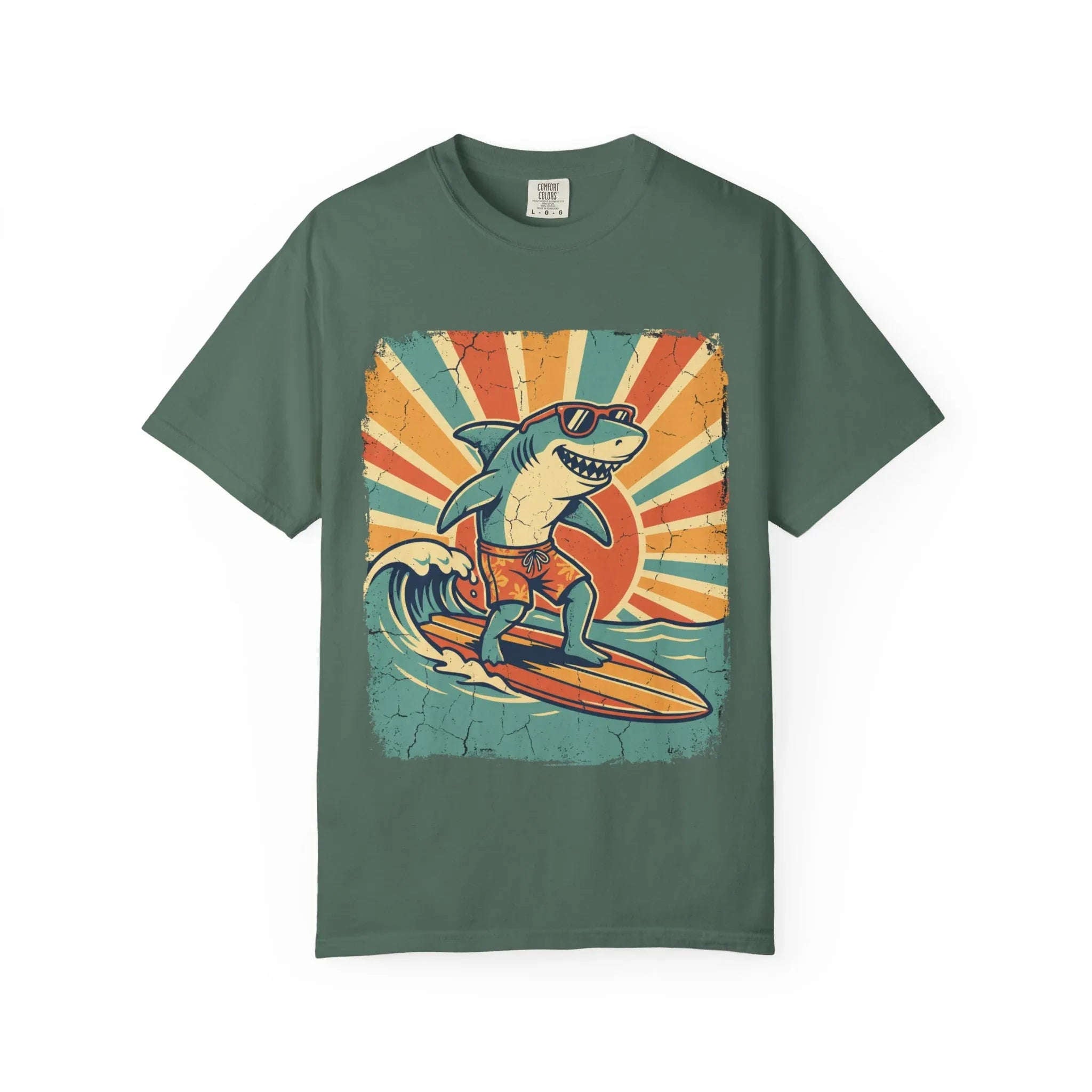 Surfing Shark Shirt, Retro Sunset Wave Tee, Funny Shark Surf T-Shirt, Beach Summer Graphic, Surfer Gift, Ocean Vacation Outfit Blue Spruce