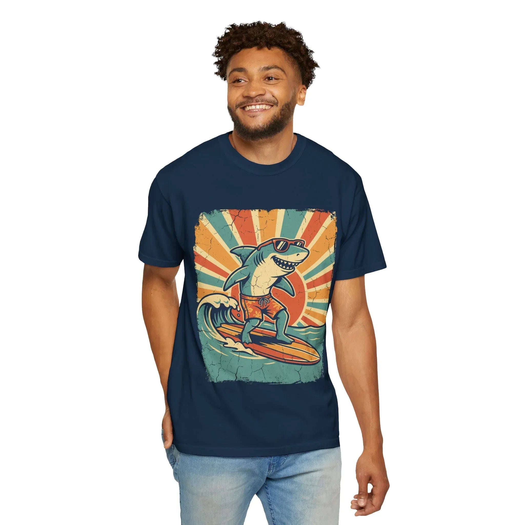 Surfing Shark Shirt, Retro Sunset Wave Tee, Funny Shark Surf T-Shirt, Beach Summer Graphic, Surfer Gift, Ocean Vacation Outfit True Navy