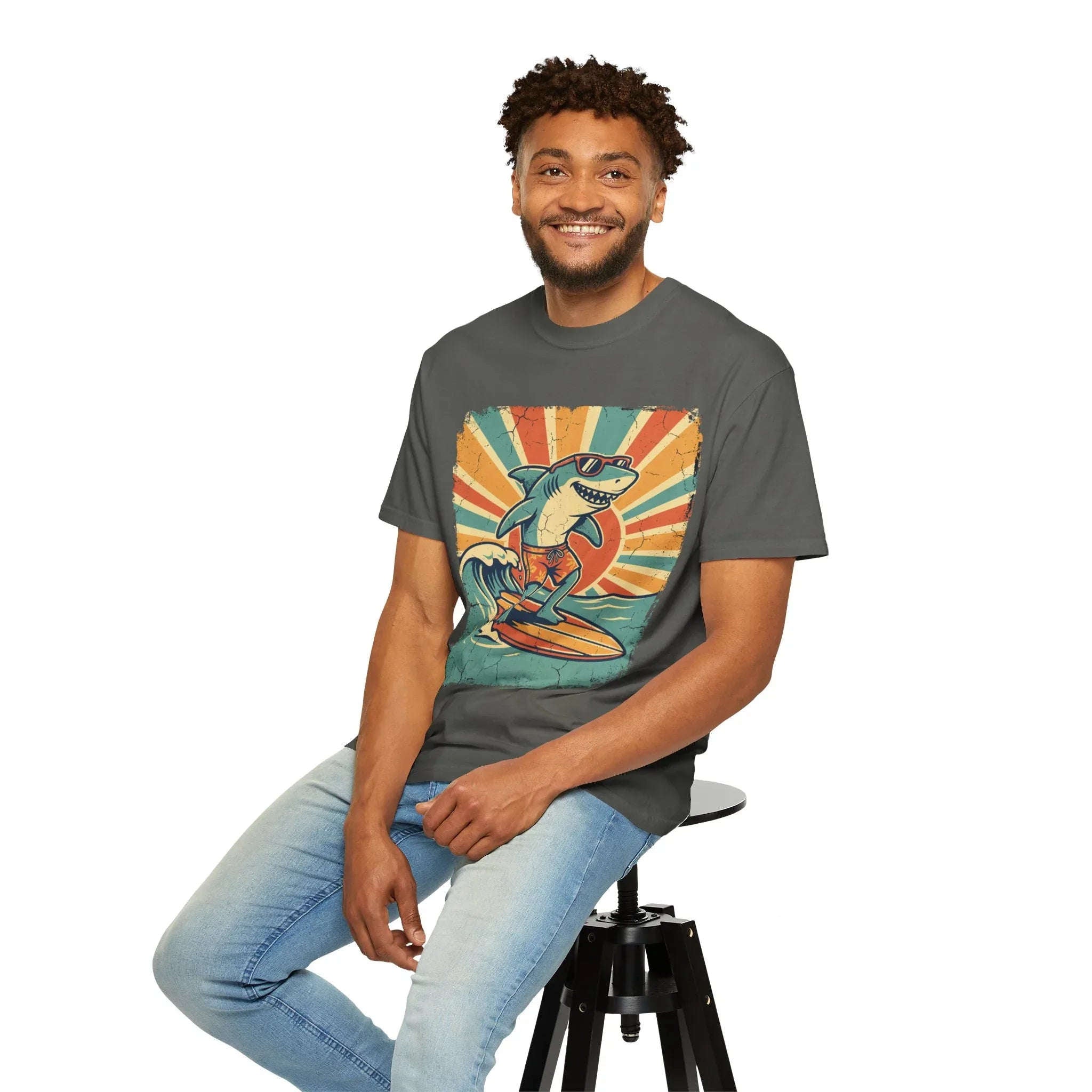 Surfing Shark Shirt, Retro Sunset Wave Tee, Funny Shark Surf T-Shirt, Beach Summer Graphic, Surfer Gift, Ocean Vacation Outfit