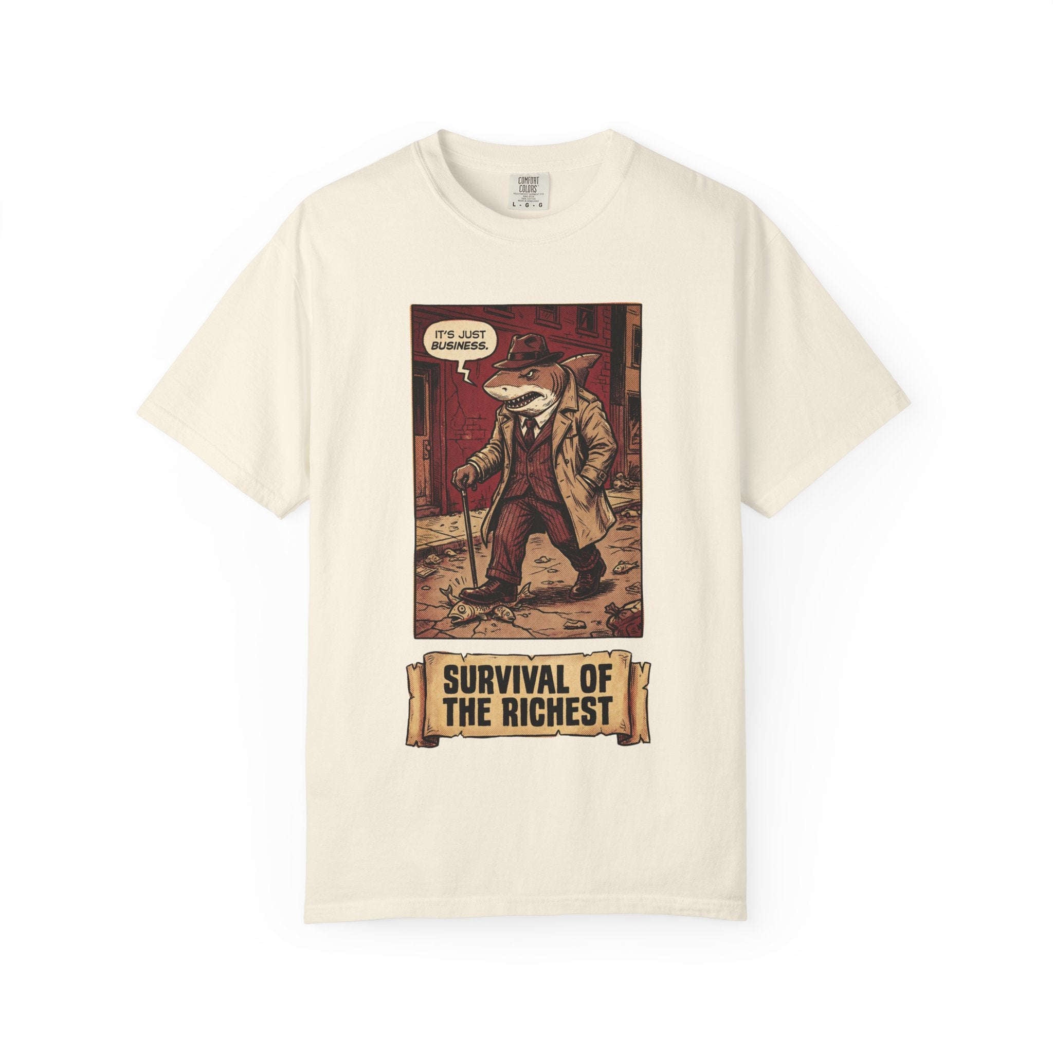 Survival of the Richest Shirt Vintage Business Shark Tee Retro Comic Style Satirical Graphic Top Dark Humor Mafia Art Gift Ivory