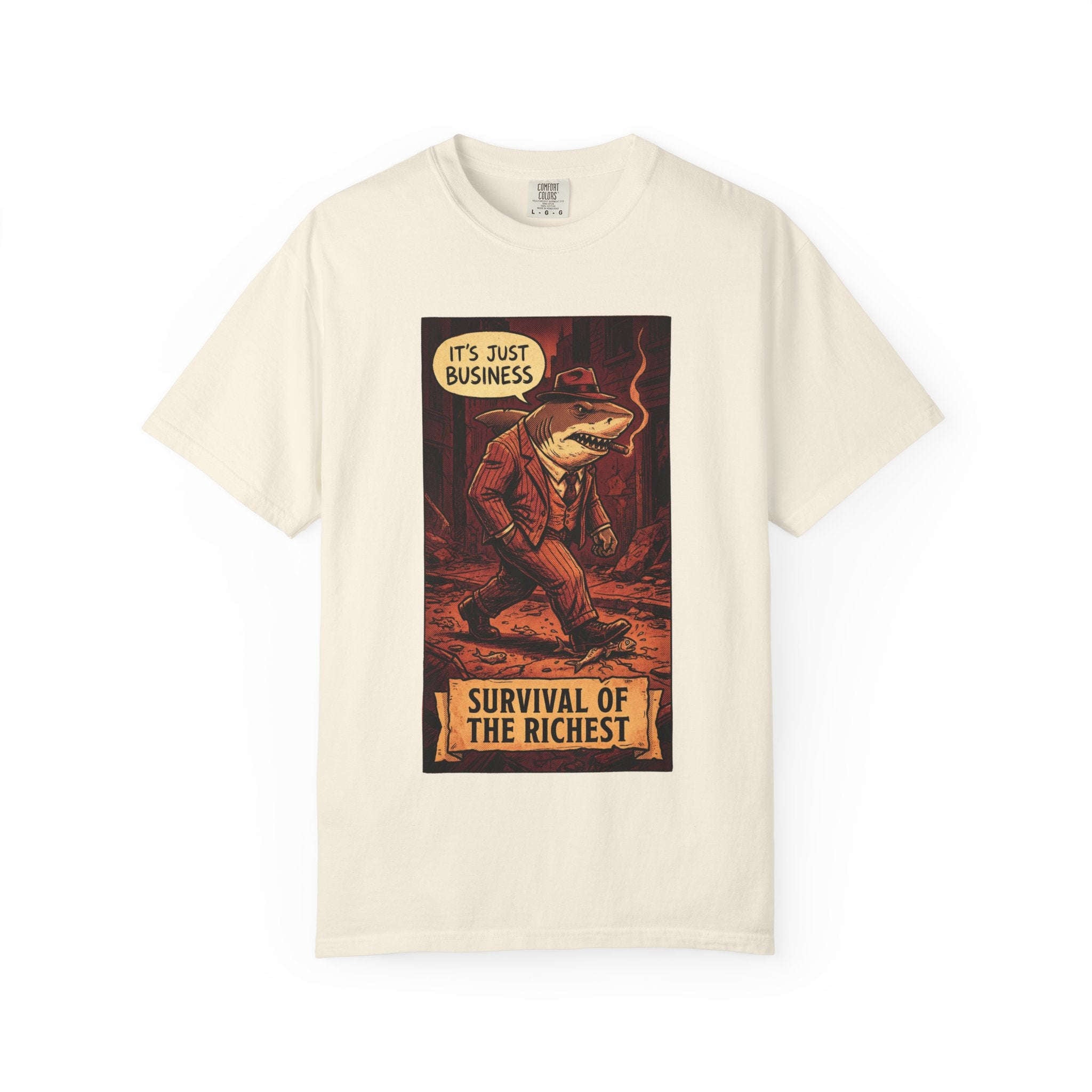 Survival of the Richest Vintage Comic Shirt | Retro Business Shark Satire Tee | Dark Humor Corporate Streetwear Ivory