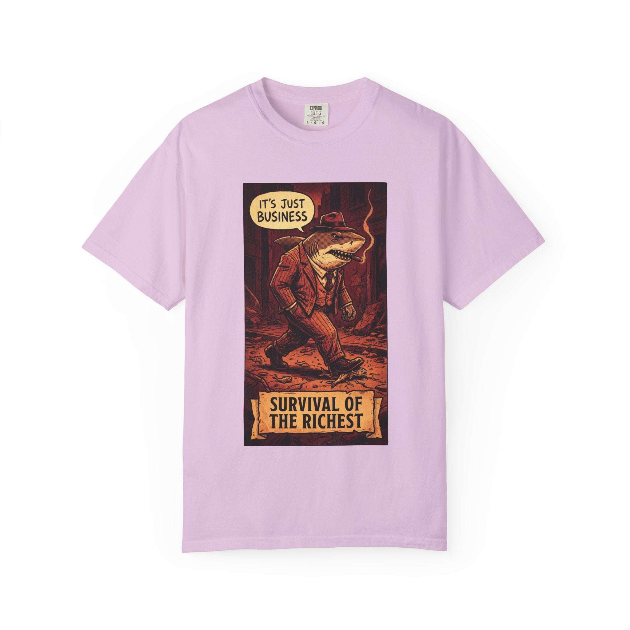 Survival of the Richest Vintage Comic Shirt | Retro Business Shark Satire Tee | Dark Humor Corporate Streetwear Orchid