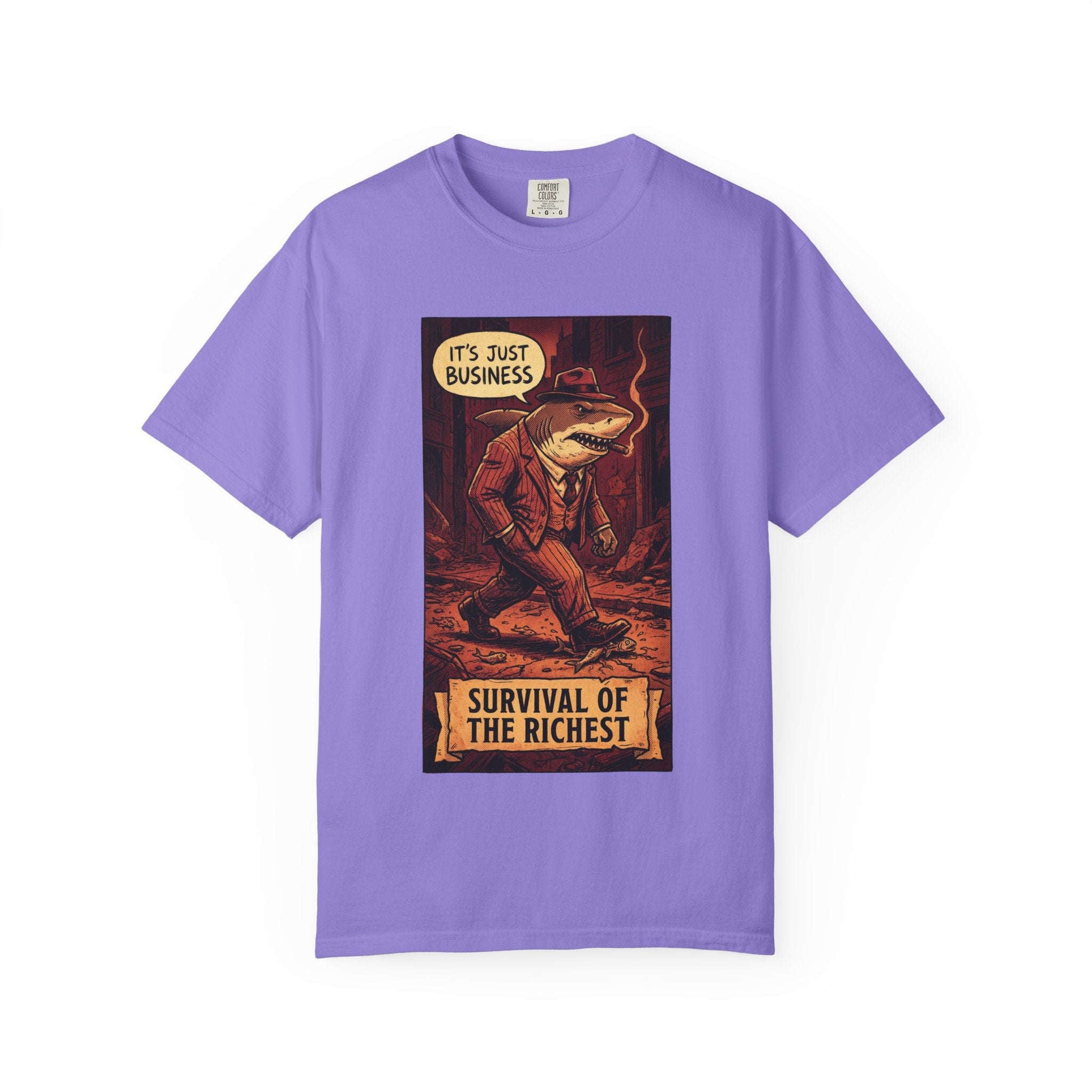 Survival of the Richest Vintage Comic Shirt | Retro Business Shark Satire Tee | Dark Humor Corporate Streetwear Violet