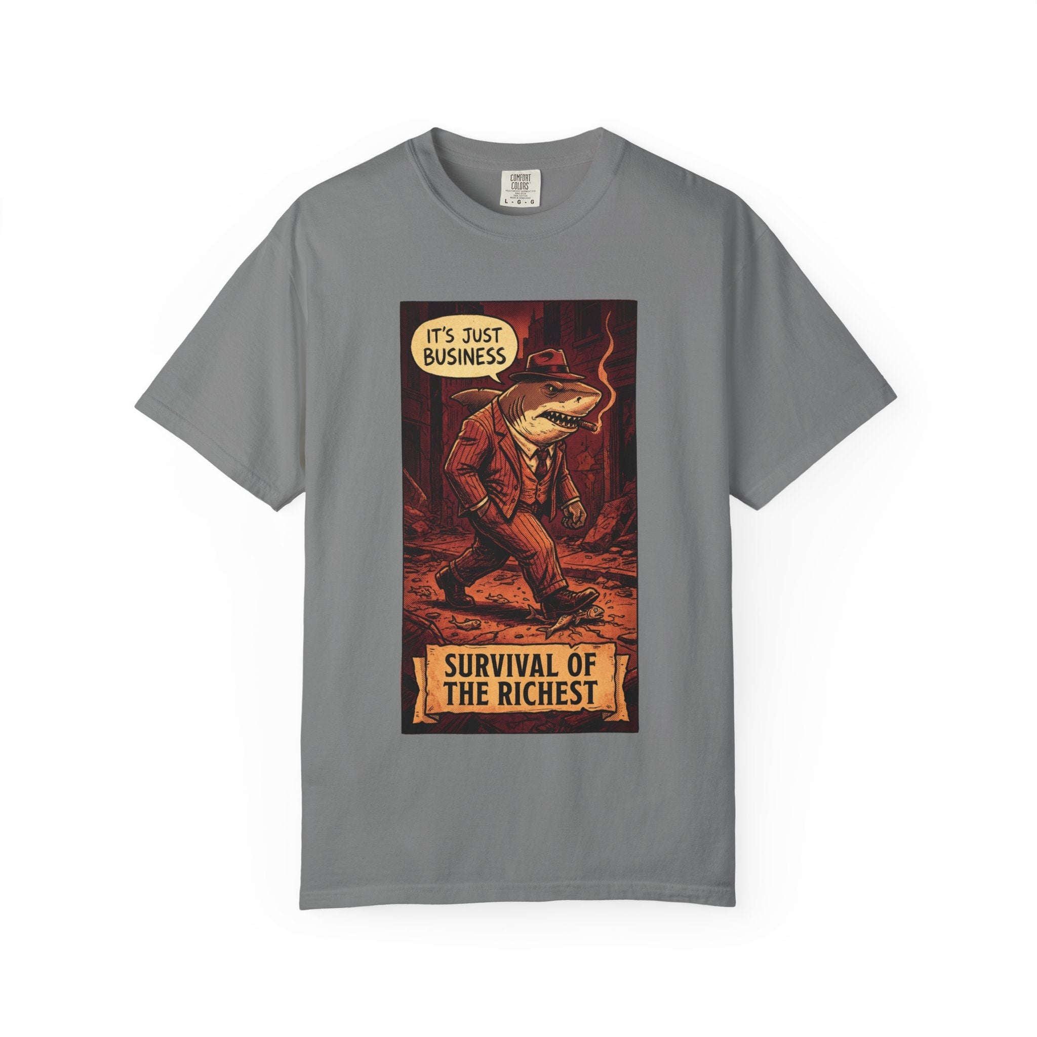 Survival of the Richest Vintage Comic Shirt | Retro Business Shark Satire Tee | Dark Humor Corporate Streetwear Grey