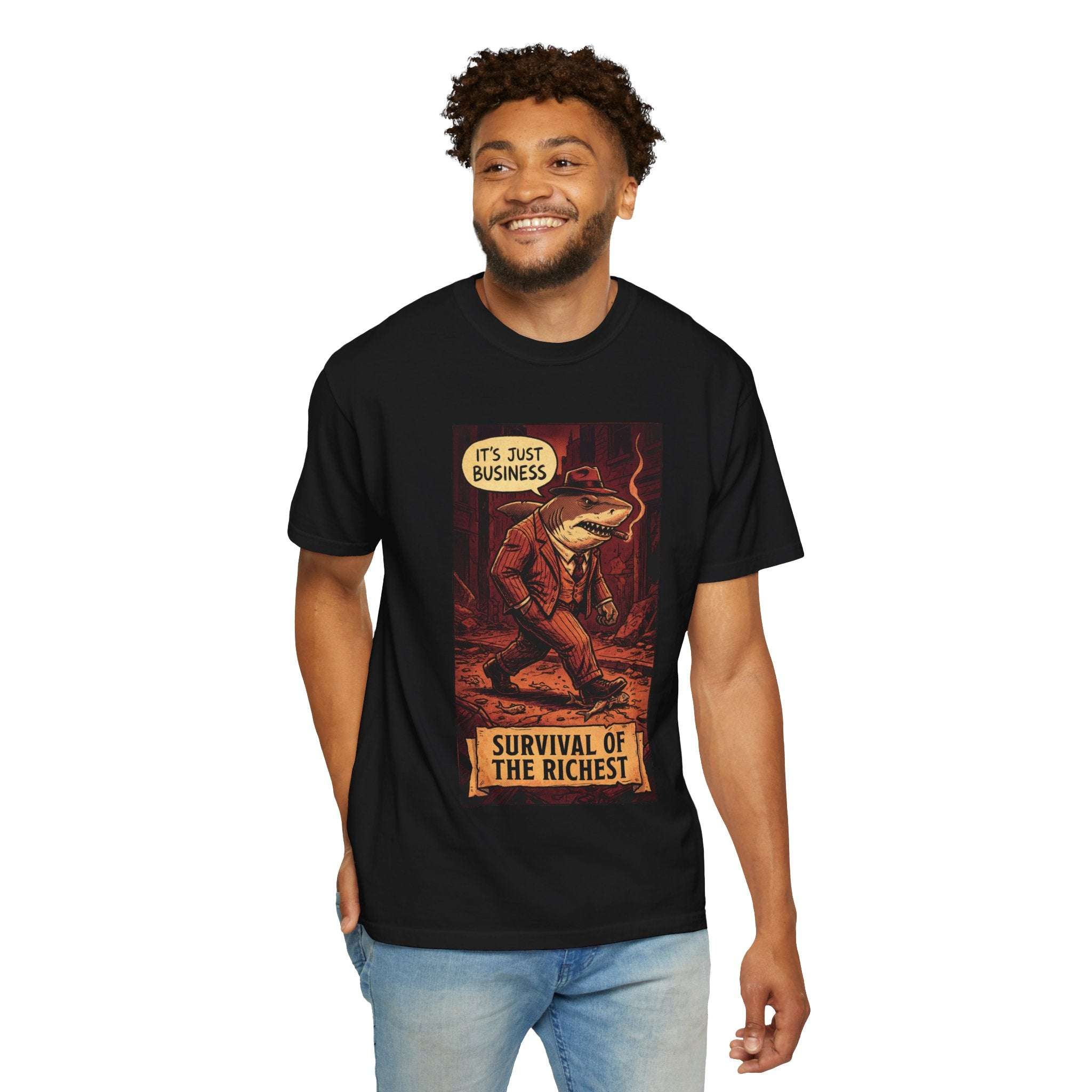 Survival of the Richest Vintage Comic Shirt | Retro Business Shark Satire Tee | Dark Humor Corporate Streetwear