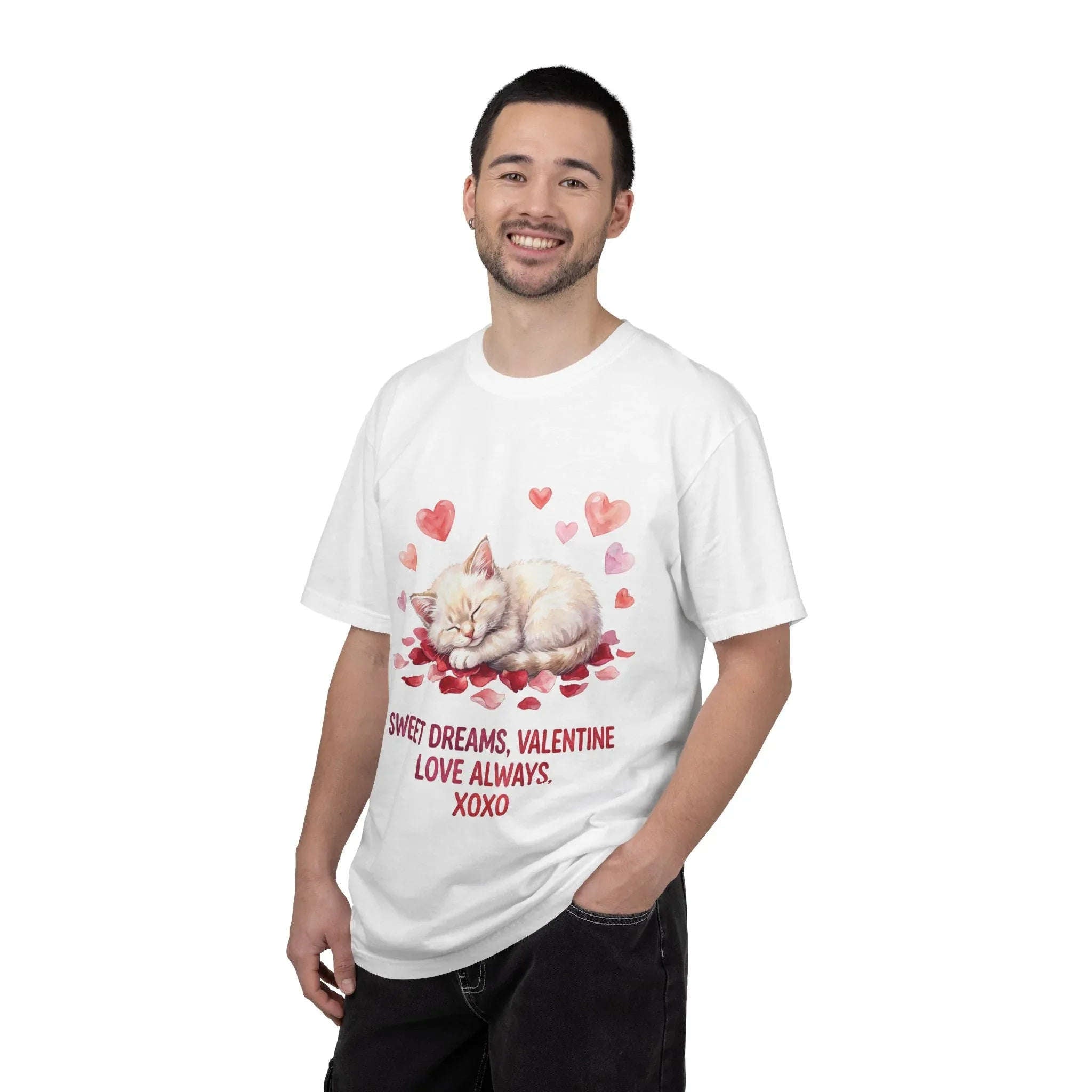 Sweet Dreams Valentine Kitten T Shirt Cute Sleeping Cat Hearts Watercolor Cozy Aesthetic Gift for Cat Lovers Soft VintageCotton Romantic Tee