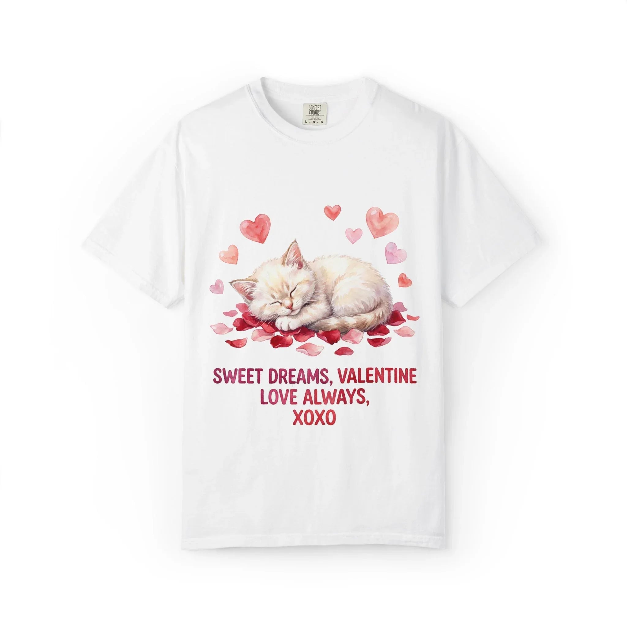 Sweet Dreams Valentine Kitten T Shirt Cute Sleeping Cat Hearts Watercolor Cozy Aesthetic Gift for Cat Lovers Soft VintageCotton Romantic Tee White