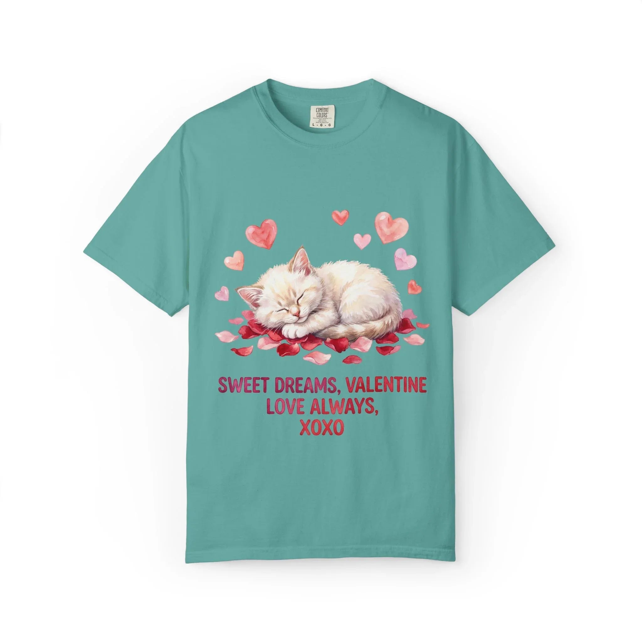 Sweet Dreams Valentine Kitten T Shirt Cute Sleeping Cat Hearts Watercolor Cozy Aesthetic Gift for Cat Lovers Soft VintageCotton Romantic Tee Seafoam