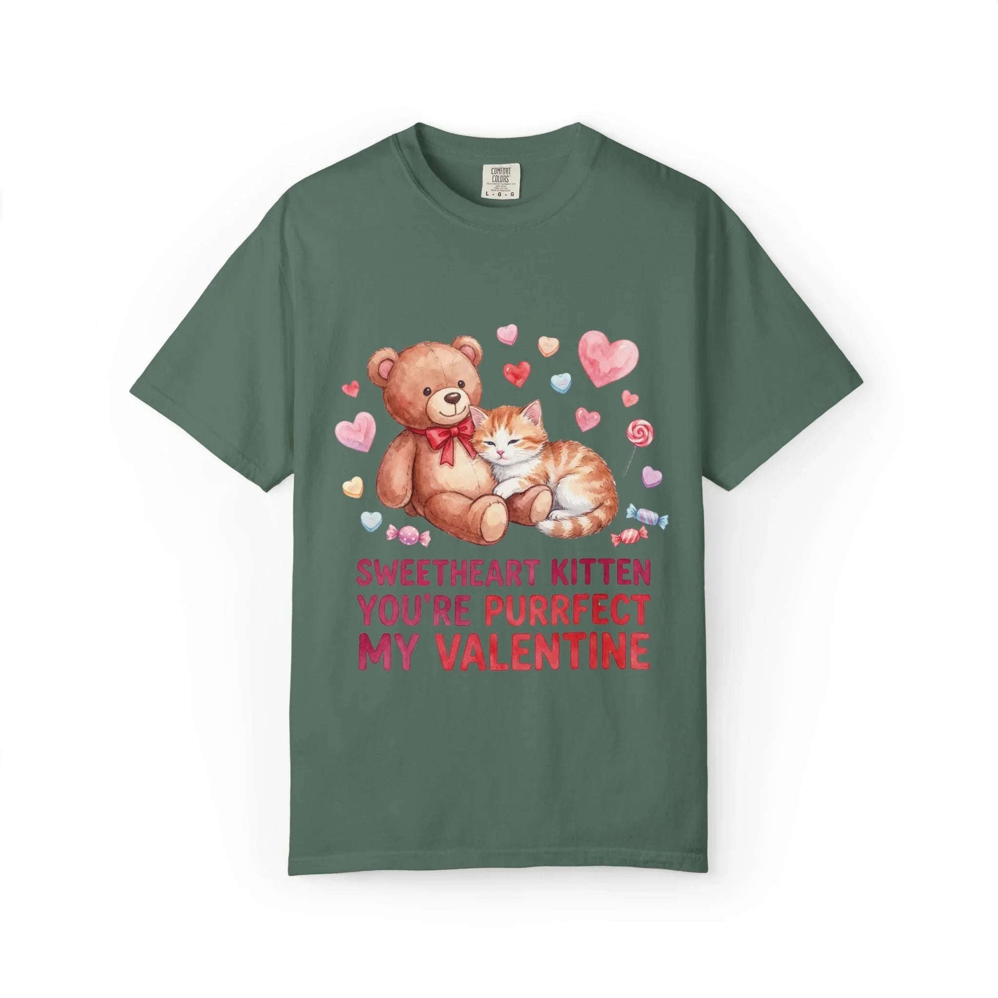 Sweetheart Kitten Youre Purrfect My Valentine T Shirt Cute Cat Teddy Bear Hearts Watercolor Cozy Vintage Aesthetic Gift Cat Lovers Blue Spruce
