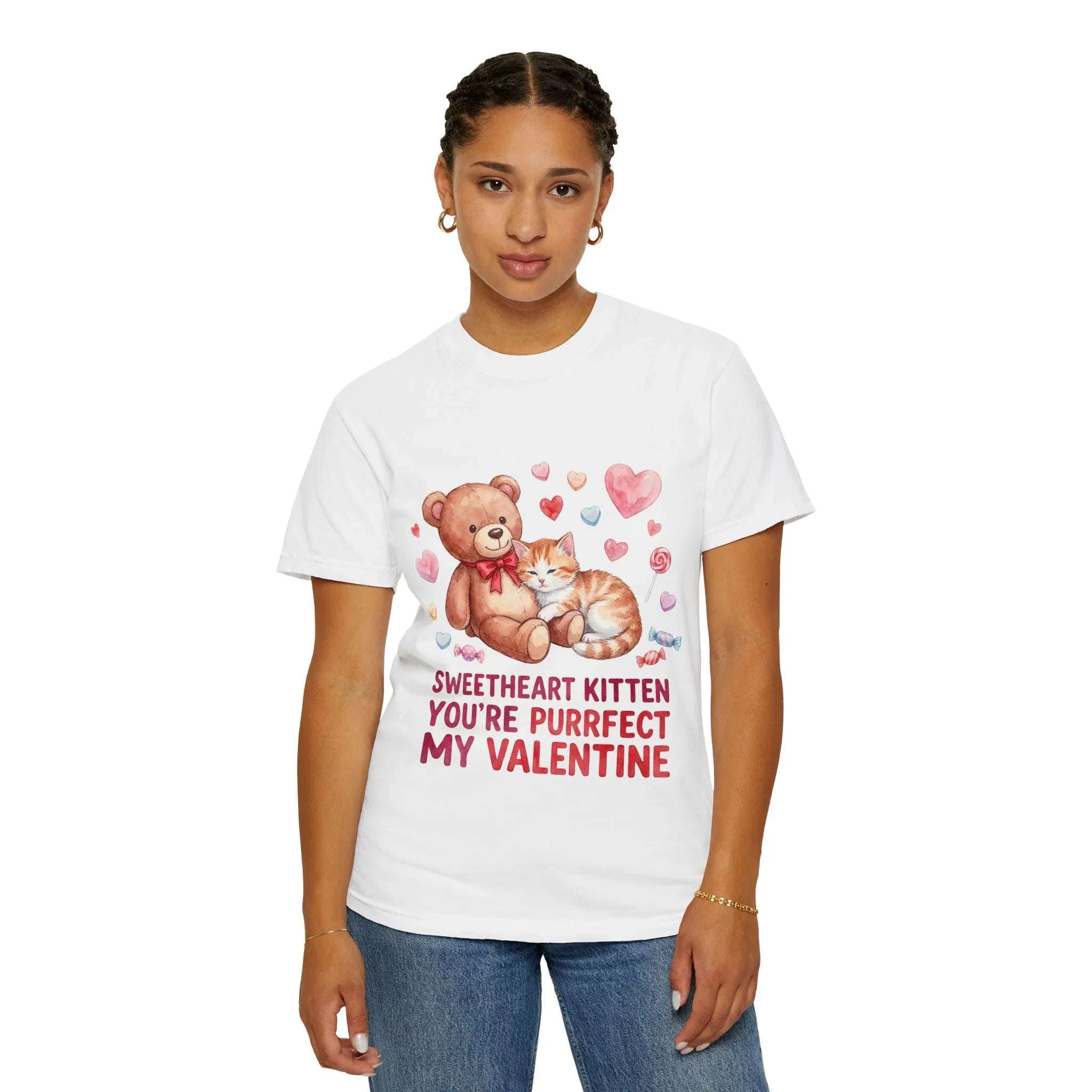 Sweetheart Kitten Youre Purrfect My Valentine T Shirt Cute Cat Teddy Bear Hearts Watercolor Cozy Vintage Aesthetic Gift Cat Lovers