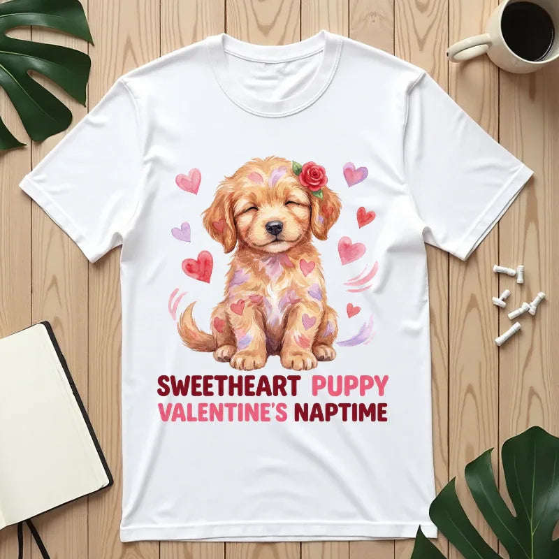 Sweetheart Puppy Valentines Naptime T Shirt Cute Watercolor Dog Art Cozy Vintage Aesthetic Gift for Dog Lovers Soft Cotton Retro Valentines