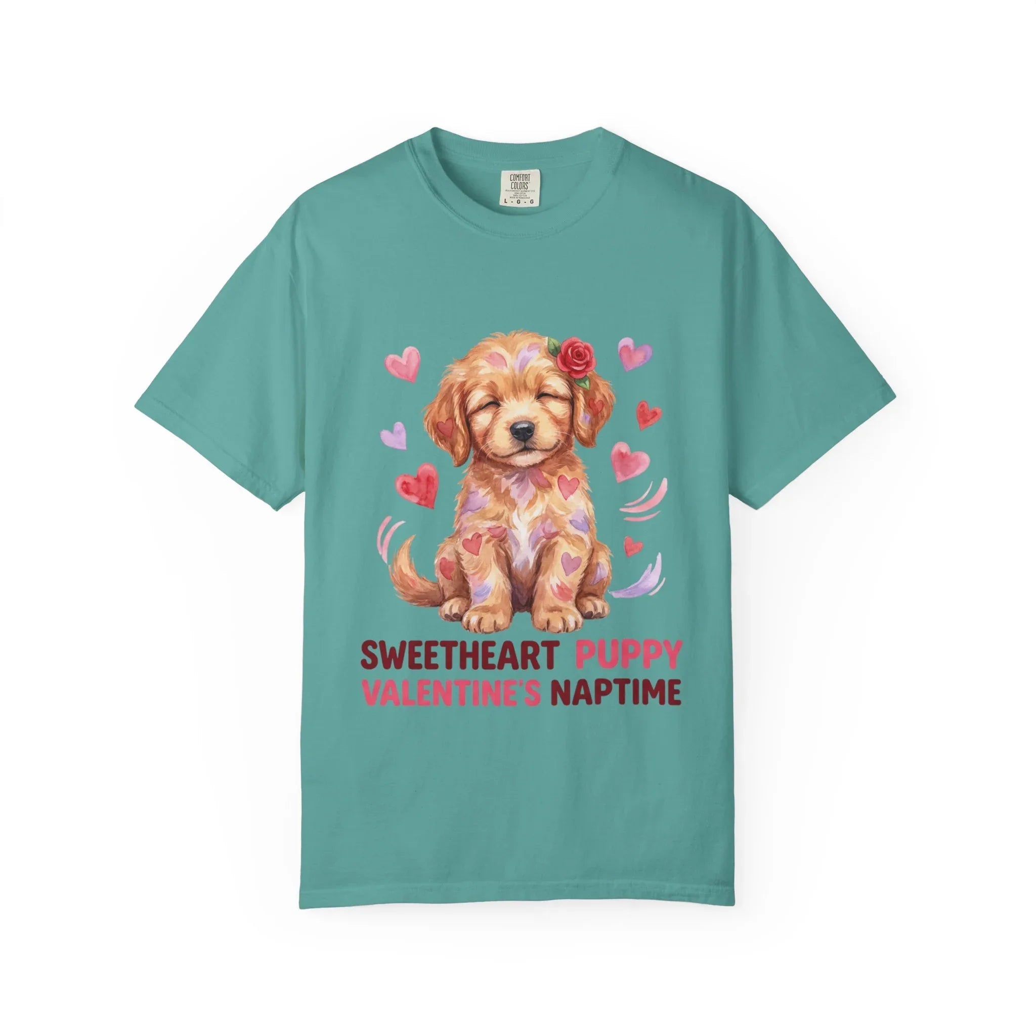 Sweetheart Puppy Valentines Naptime T Shirt Cute Watercolor Dog Art Cozy Vintage Aesthetic Gift for Dog Lovers Soft Cotton Retro Valentines Seafoam