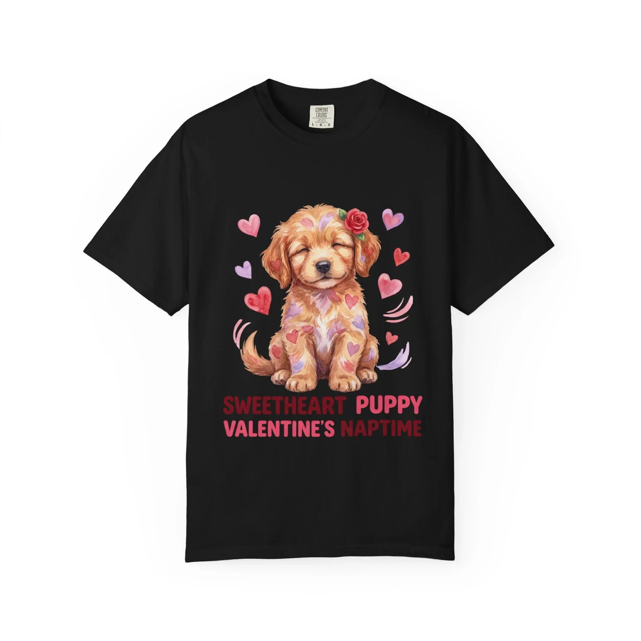 Sweetheart Puppy Valentines Naptime T Shirt Cute Watercolor Dog Art Cozy Vintage Aesthetic Gift for Dog Lovers Soft Cotton Retro Valentines Black