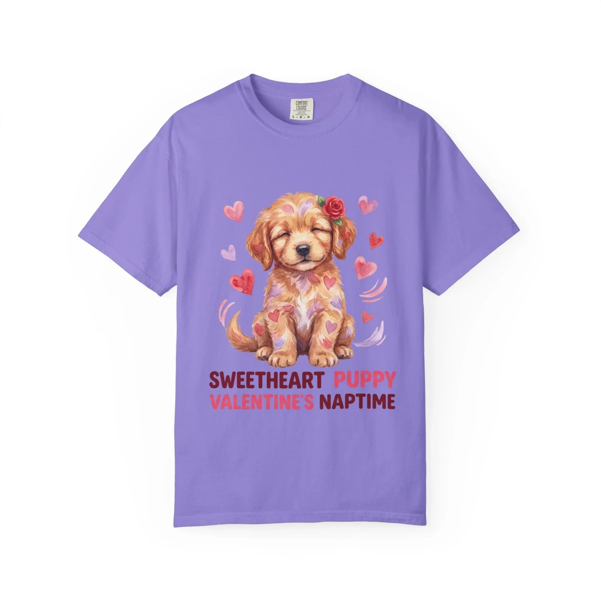 Sweetheart Puppy Valentines Naptime T Shirt Cute Watercolor Dog Art Cozy Vintage Aesthetic Gift for Dog Lovers Soft Cotton Retro Valentines Violet