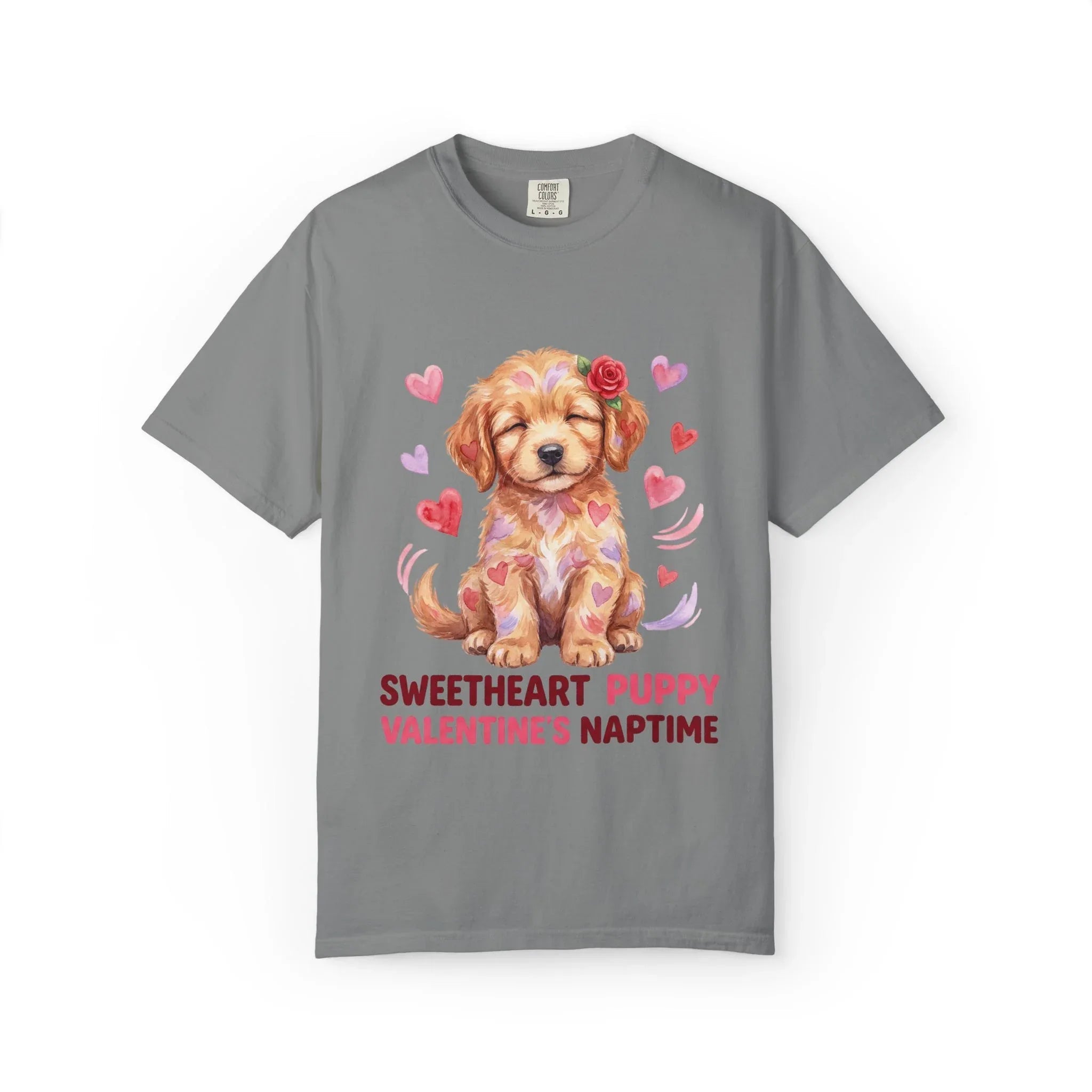 Sweetheart Puppy Valentines Naptime T Shirt Cute Watercolor Dog Art Cozy Vintage Aesthetic Gift for Dog Lovers Soft Cotton Retro Valentines Grey