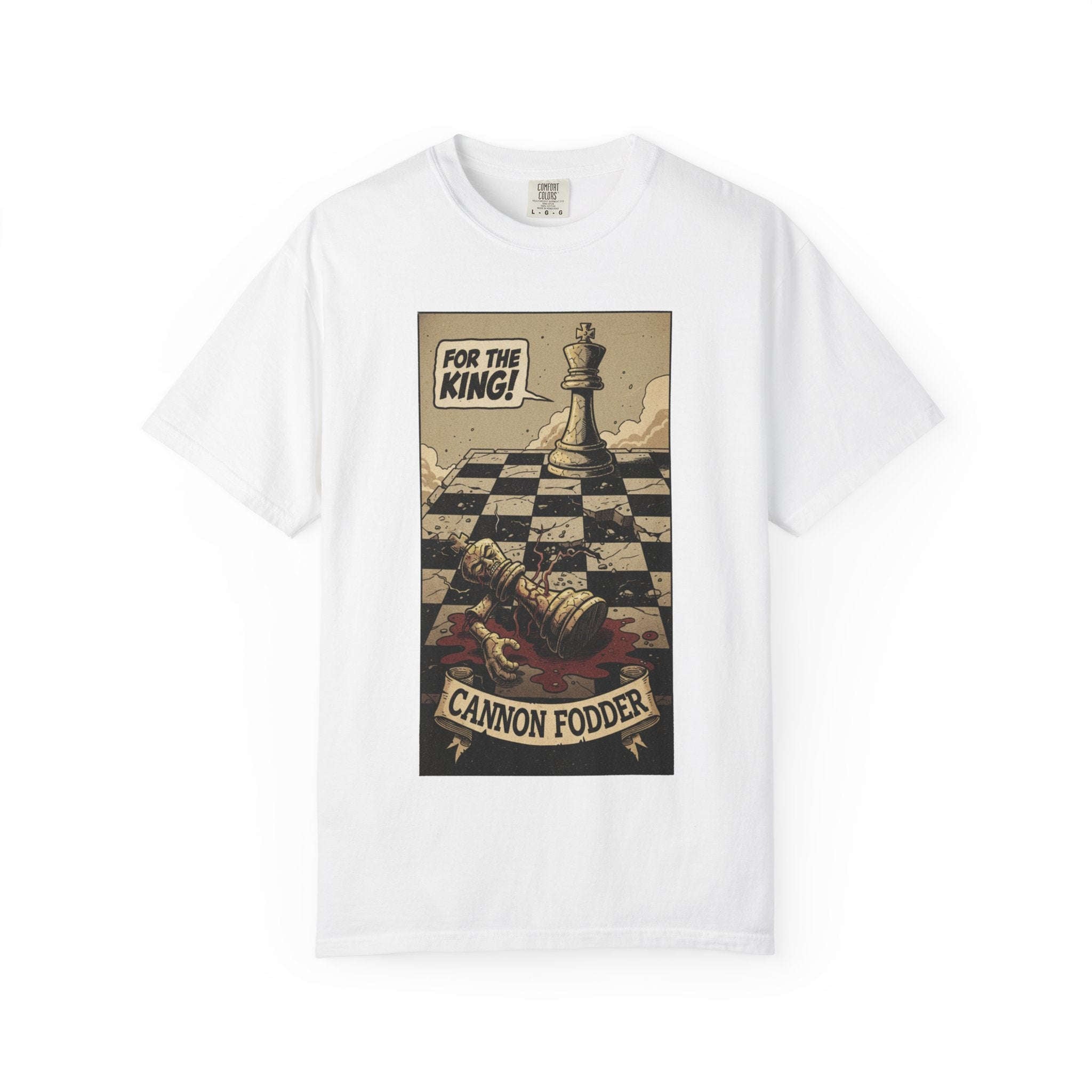 T-Shirt — "For the King! Cannon Fodder" Vintage Chess Graphic Tee White