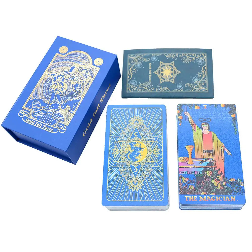 ✨ Plastic Rider-Waite Tarot Cards – 78 Durable, Waterproof PVC Cards with Sophisticated Gold Foil Print for Divination and Game Play Blue