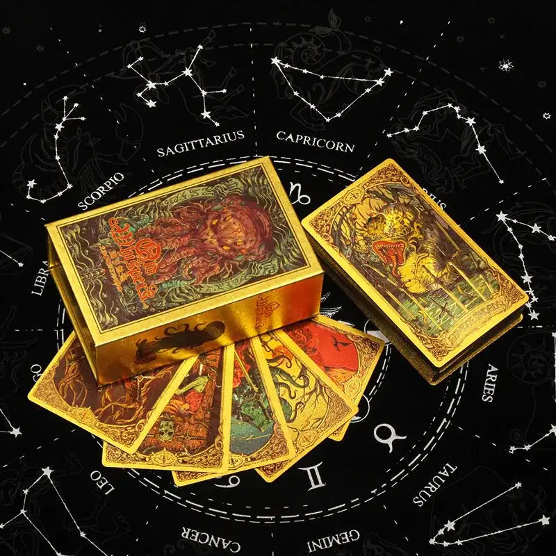 ✨ Plastic Rider-Waite Tarot Cards – 78 Durable, Waterproof PVC Cards with Sophisticated Gold Foil Print for Divination and Game Play Cthulhu Golden