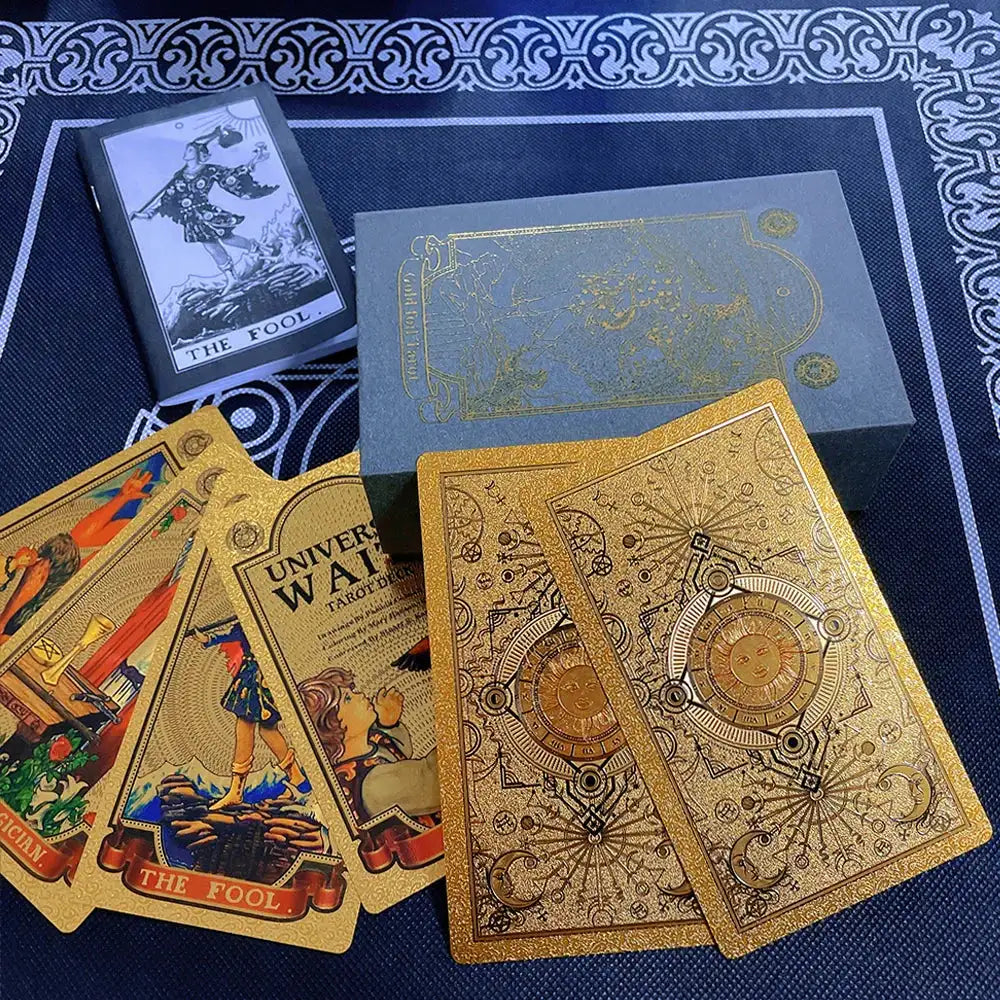 ✨ Plastic Rider-Waite Tarot Cards – 78 Durable, Waterproof PVC Cards with Sophisticated Gold Foil Print for Divination and Game Play Sun God Card Back