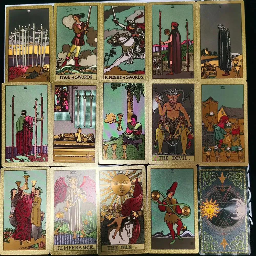✨ Plastic Rider-Waite Tarot Cards – 78 Durable, Waterproof PVC Cards with Sophisticated Gold Foil Print for Divination and Game Play