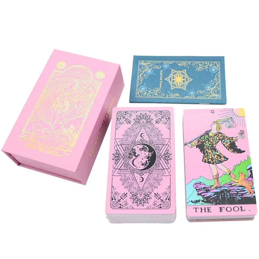 ✨ Plastic Rider-Waite Tarot Cards – 78 Durable, Waterproof PVC Cards with Sophisticated Gold Foil Print for Divination and Game Play Pink