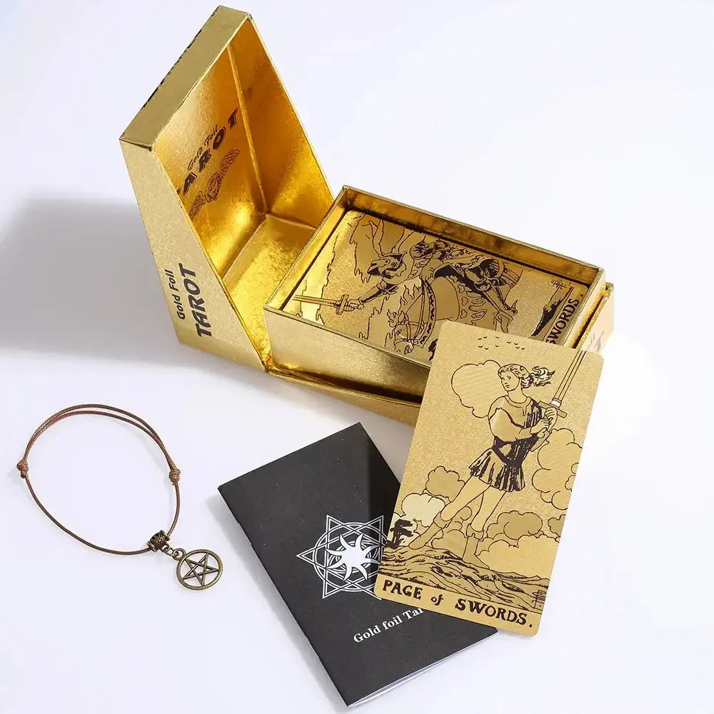 ✨ Plastic Rider-Waite Tarot Cards – 78 Durable, Waterproof PVC Cards with Sophisticated Gold Foil Print for Divination and Game Play Gold flip