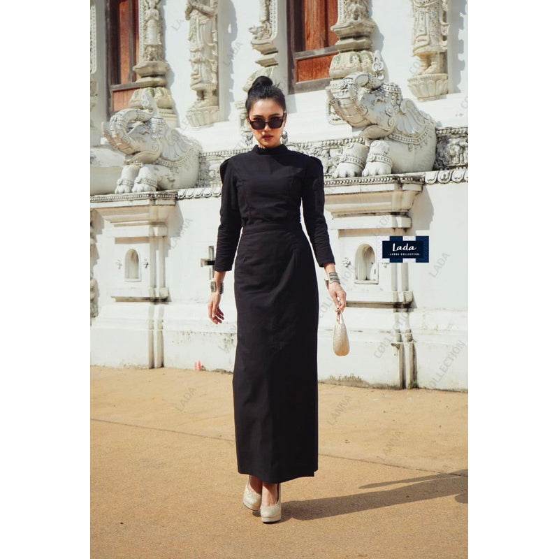 Thai Borom Phiman &amp; Borom Pimai Blouse Set with Black Tube Skirt | Elegant Cotton Traditional Outfit for Temple &amp; Formal Events One-Sake.com L S M S-M-L-XL-