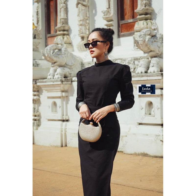 Thai Borom Phiman &amp; Borom Pimai Blouse Set with Black Tube Skirt | Elegant Cotton Traditional Outfit for Temple &amp; Formal Events One-Sake.com L S M S-M-L-XL-