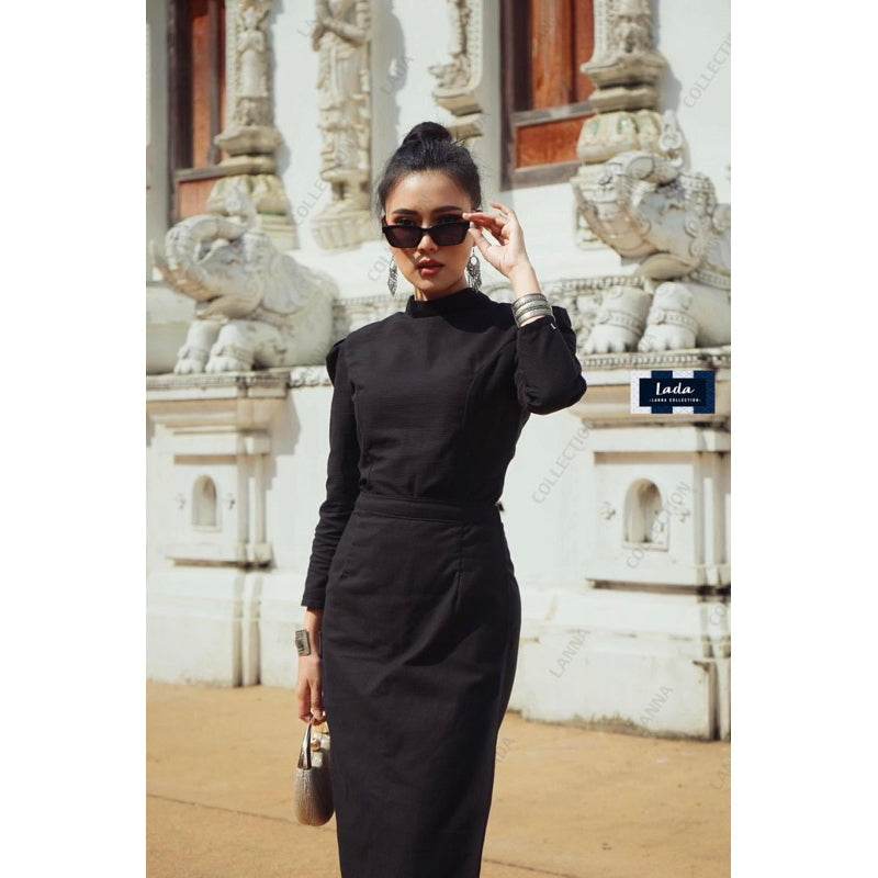 Thai Borom Phiman &amp; Borom Pimai Blouse Set with Black Tube Skirt | Elegant Cotton Traditional Outfit for Temple &amp; Formal Events One-Sake.com L S M S-M-L-XL-