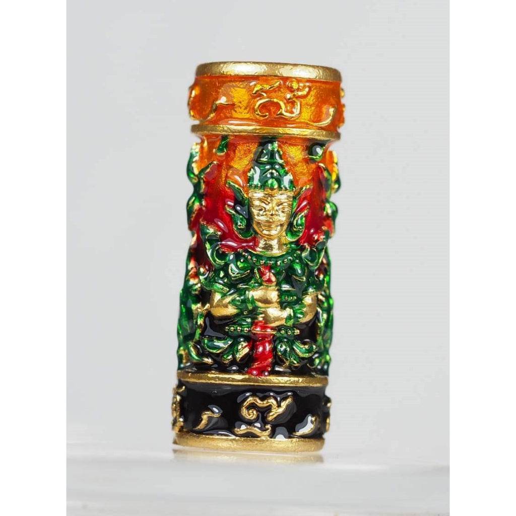 Twin-Faced Takrud of Lord Wessuwan – Enamelled Antique-Gold Edition by Luang Phor Prong, Wat Tham Phrutakhian (Numbered + Boxed) - Thai Blessing Co