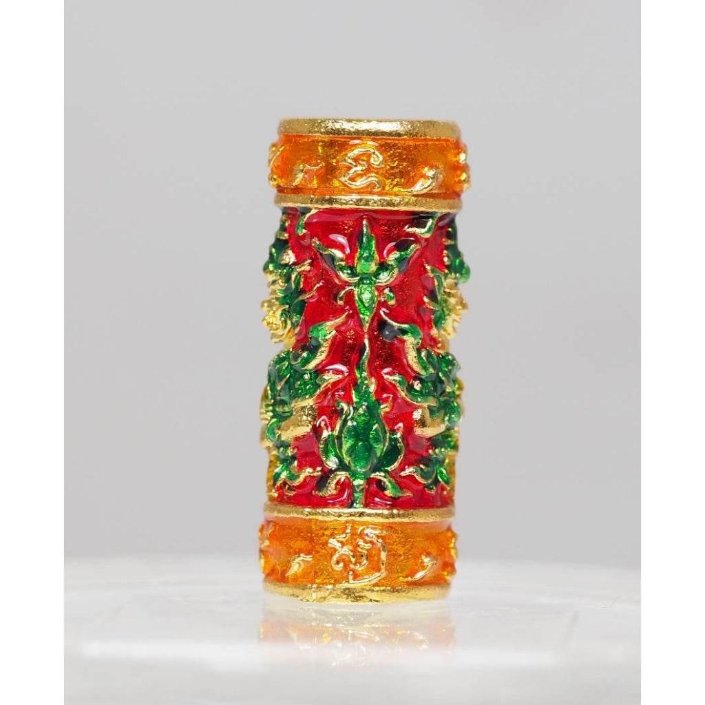 Red Enamel Gold Plated Takrud Amulet for Protection and Prosperity - Blessed Twin Faced Setthi Bucha