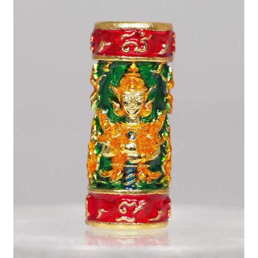Green Enamel Gold Plated Twin-Faced Wessuwan Takrud – Setthi Bucha Kru Edition Blessed by Luang Phor Prong Serial Coded Default Title