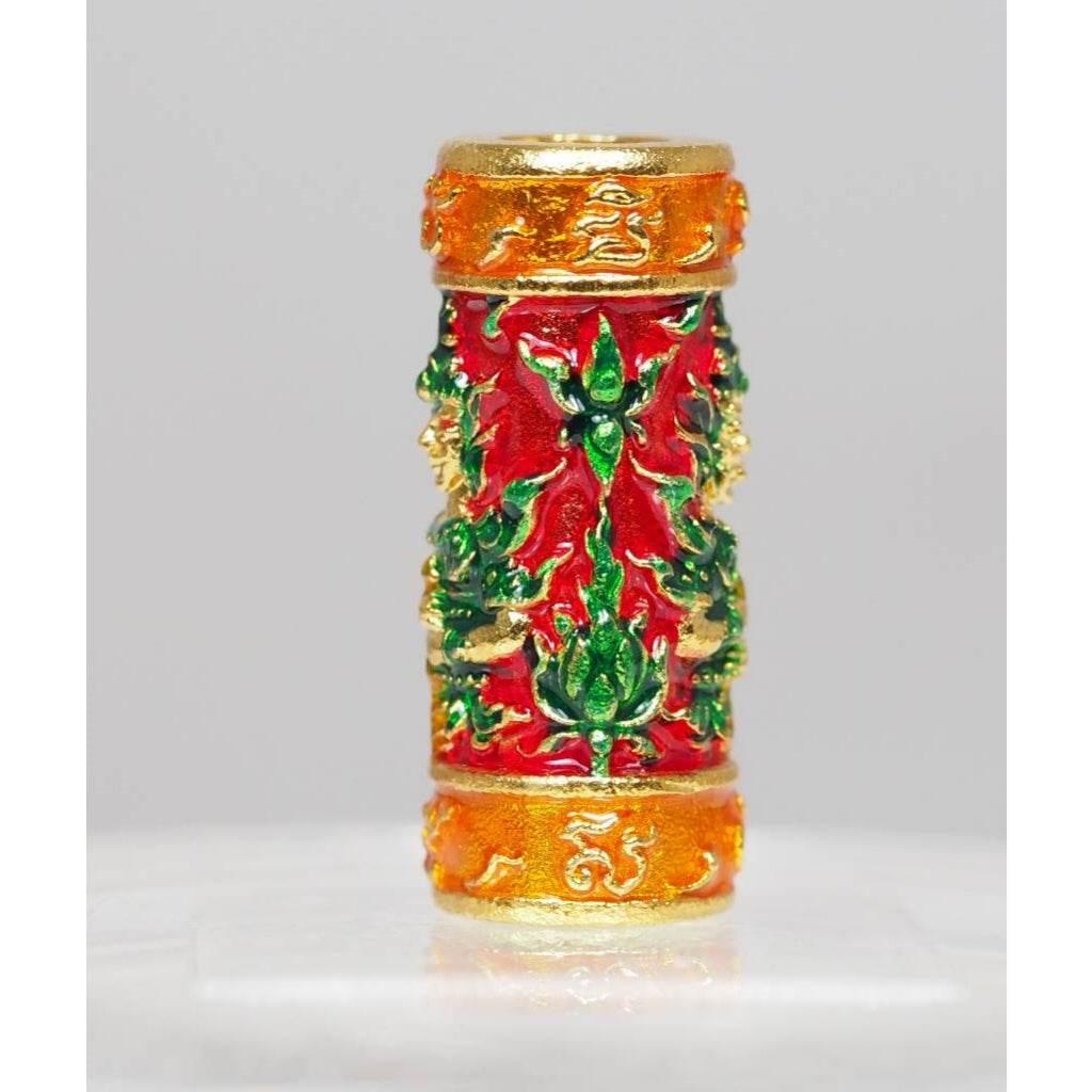 Red Enamel Gold Plated Takrud Amulet for Protection and Prosperity - Blessed Twin Faced Setthi Bucha