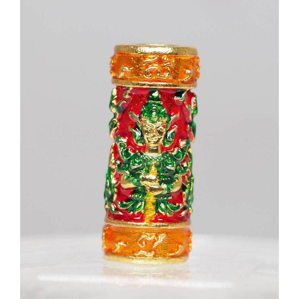 Red-Enamel Gold-Plated Bell-Metal Wessuwan Takrud – Twin-Faced Setthi Bucha Kru Amulet (Blessed by Luang Phor Prong) - Thai Blessing Co