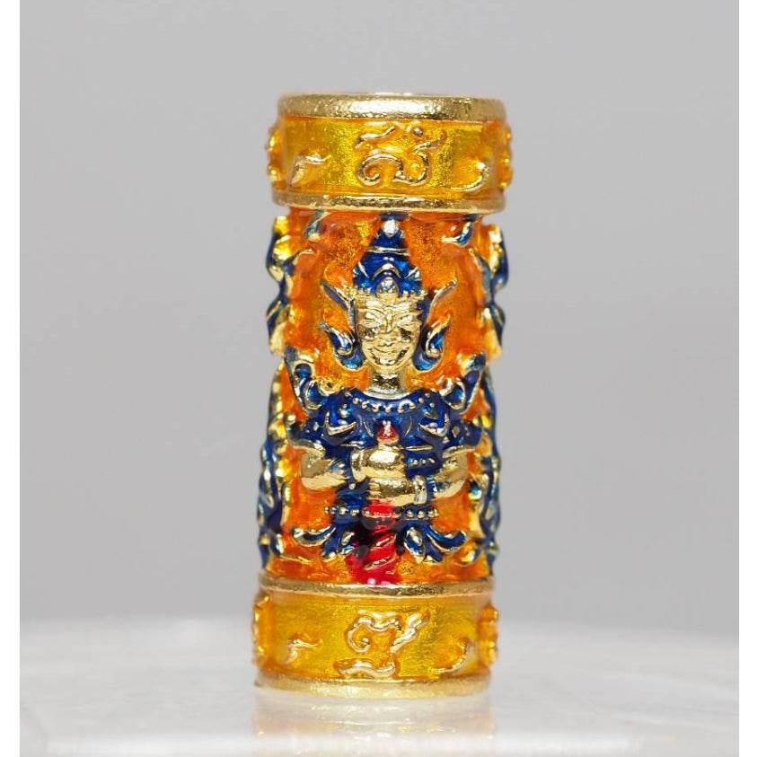 Orange-Enamel Gold-Plated Twin-Faced Wessuwan Takrud – Setthi Bucha Kru Edition (Blessed by Luang Phor Prong, Serial-Coded) - Thai Blessing Co
