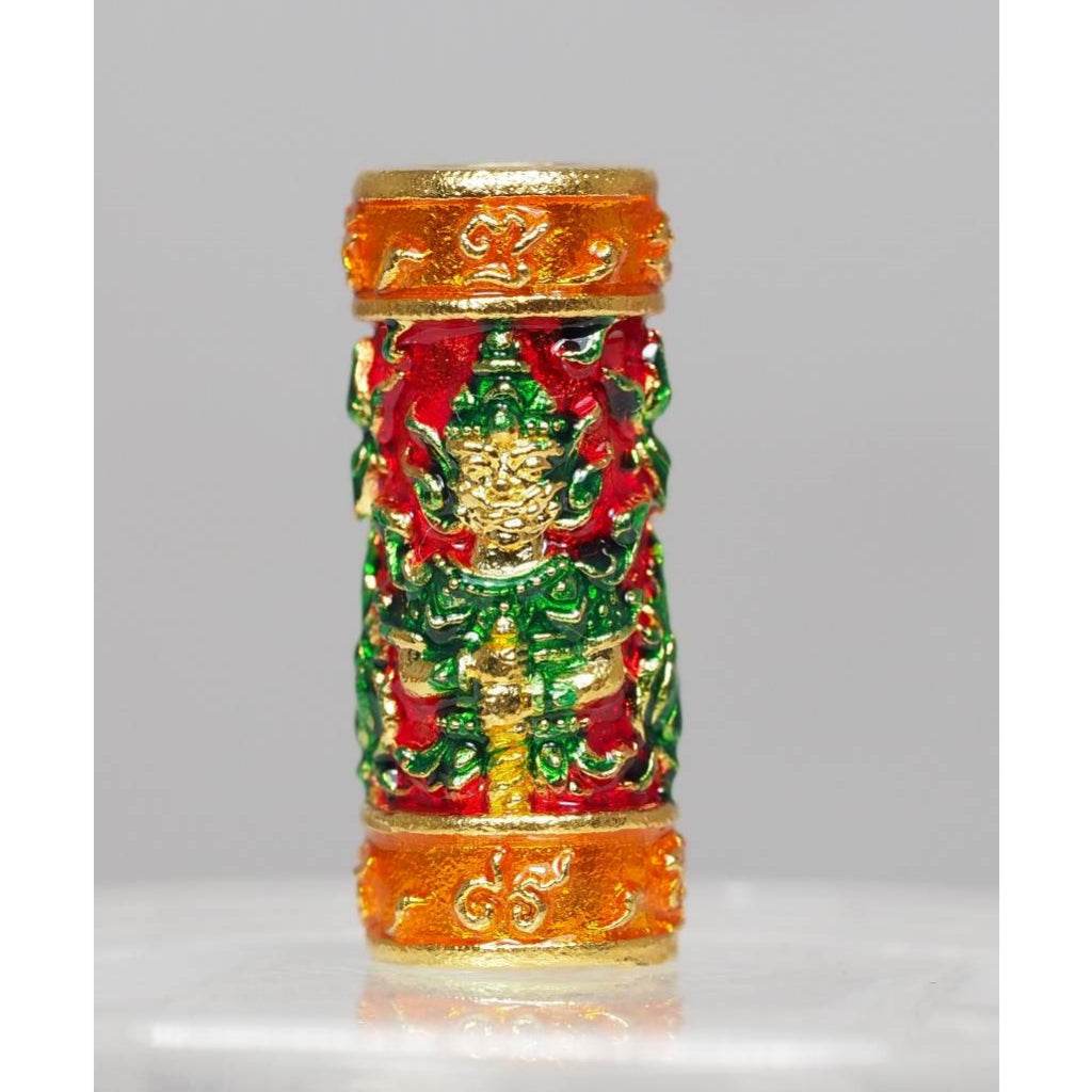 Red-Enamel Gold-Plated Bell-Metal Wessuwan Takrud – Twin-Faced Setthi Bucha Kru Amulet (Blessed by Luang Phor Prong) - Thai Blessing Co