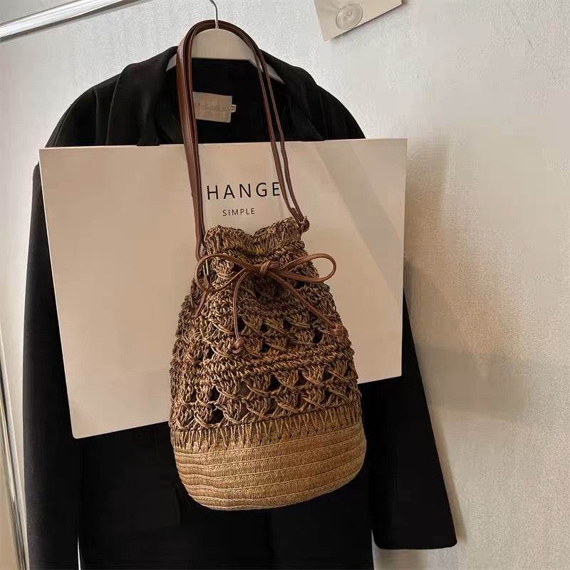 Korean Style Natural Woven Shoulder Bag for Women – 28x20cm with Zipper &amp; Adjustable Strap | 3 Colors Available One-Sake.com Brown Off white Khaki Off white-Khaki-Brown-