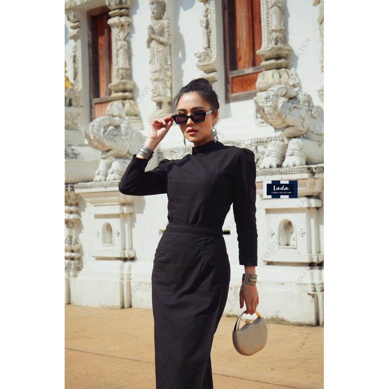Thai Borom Phiman &amp; Borom Pimai Blouse Set with Black Tube Skirt | Elegant Cotton Traditional Outfit for Temple &amp; Formal Events One-Sake.com L S M S-M-L-XL-