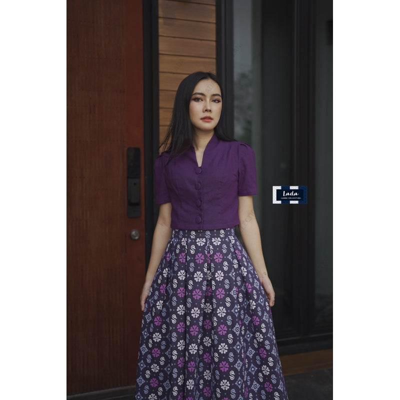 Soft Mandarin Collar Floral Top Set & Pleated Skirt - Navy & Purple | Comfortable Cotton Work Outfit for Women