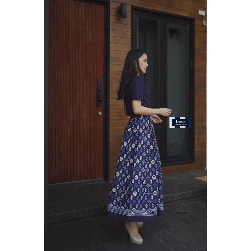 Soft Mandarin Collar Floral Top Set & Pleated Skirt - Navy & Purple | Comfortable Cotton Work Outfit for Women