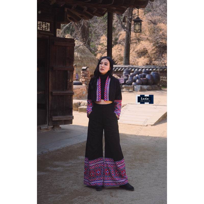 New Dice Pattern Wrap Top &amp; Wide Leg Pant Set – 2 Colors | Ethnic Print Cotton Outfit with Polyester Trim for Women One-Sake.com ดำ / L ดำ / S ดำ / M ดำ / S-ดำ / M-ดำ / L-ดำ / XL-ครีม / S-ครีม / M-ครีม / L-ครีม / XL-