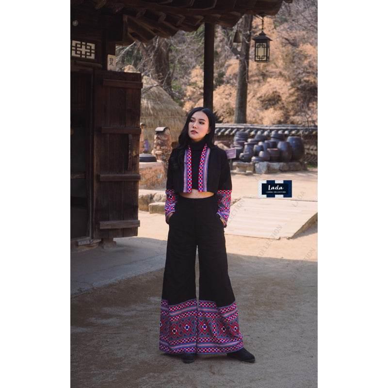 New Dice Pattern Wrap Top Set and Wide Leg Pant Outfit - Ethnic Print Cotton with Polyester Trim for Women - 2 Colors Available