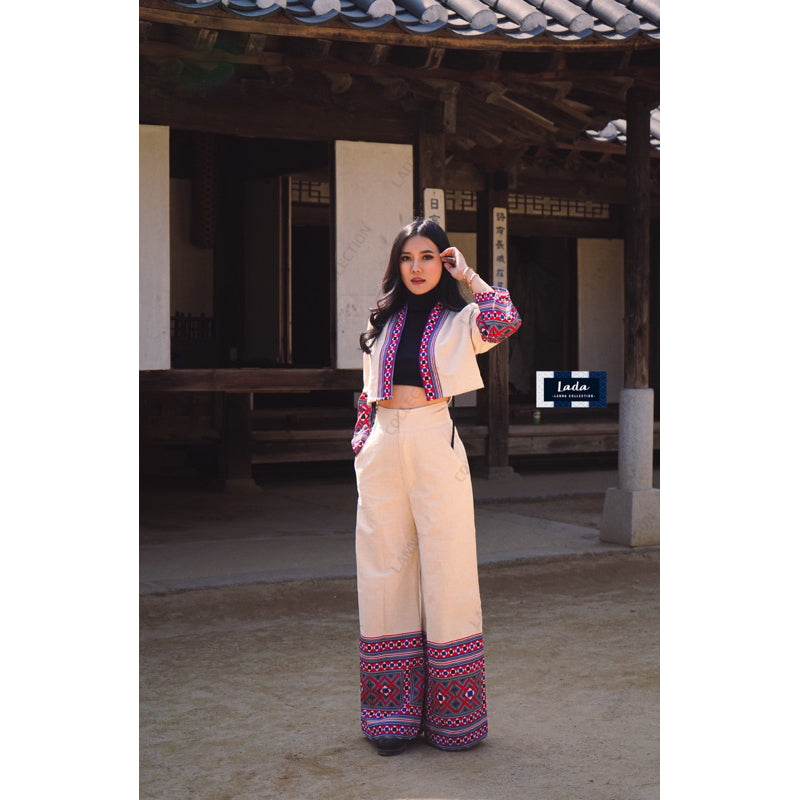 New Dice Pattern Wrap Top &amp; Wide Leg Pant Set – 2 Colors | Ethnic Print Cotton Outfit with Polyester Trim for Women One-Sake.com ดำ / L ดำ / S ดำ / M ดำ / S-ดำ / M-ดำ / L-ดำ / XL-ครีม / S-ครีม / M-ครีม / L-ครีม / XL-