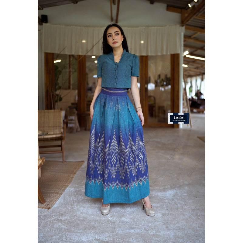 New Floral Pine Print Cotton Set - Classic Collar Short Sleeve Top & Pleated Skirt in Yellow Gold, Green-Blue & Purple