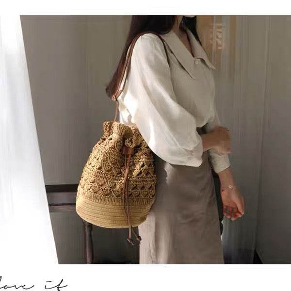 Korean Style Natural Woven Shoulder Bag for Women – 28x20cm with Zipper &amp; Adjustable Strap | 3 Colors Available One-Sake.com Brown Off white Khaki Off white-Khaki-Brown-